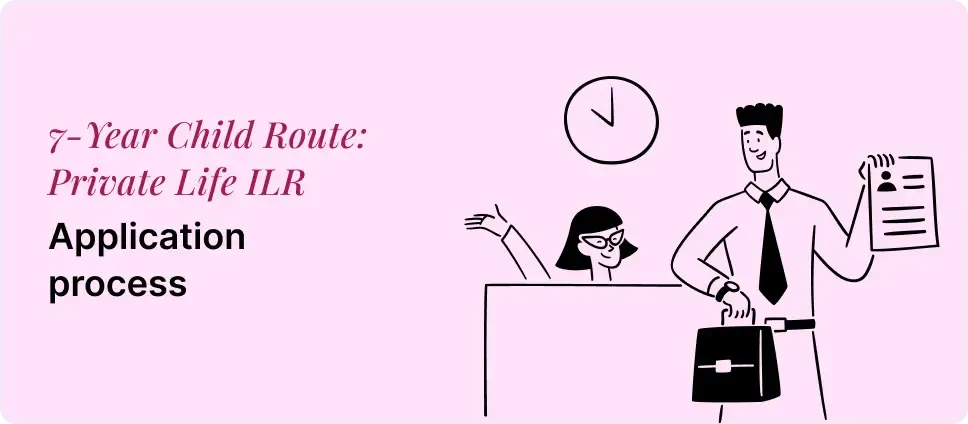 7-Year Child Route: Private Life ILR application steps shown with two people and a document