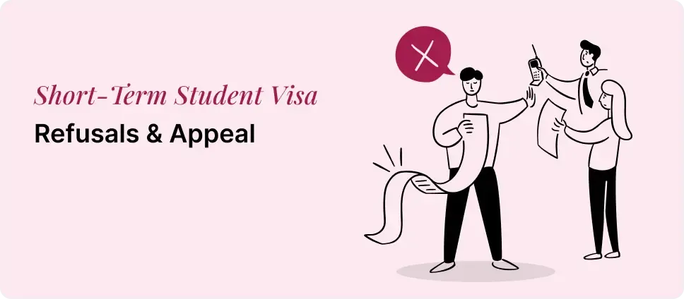 Illustration of UK Short-term Student Visa refusal and appeal process, showing individuals reviewing documents and a denial symbol