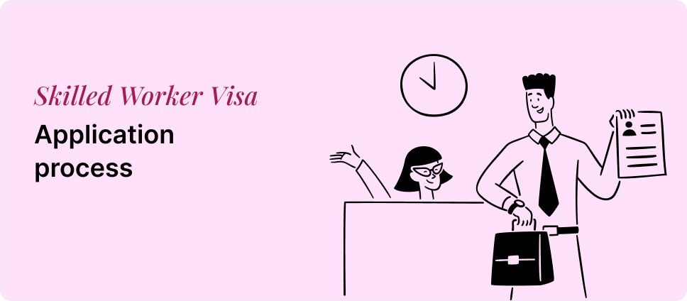 Illustration showing two people going through the UK Skilled Worker Visa application process with a document in hand