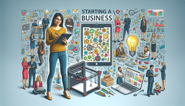 A woman holding a tablet, surrounded by various business-related icons and people, with the text "Starting a Business" above.