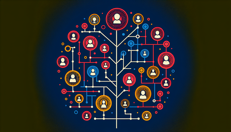 Colorful, abstract representation of a family tree or network, featuring interconnected nodes with human icons in red, blue, and yellow on a dark blue background.