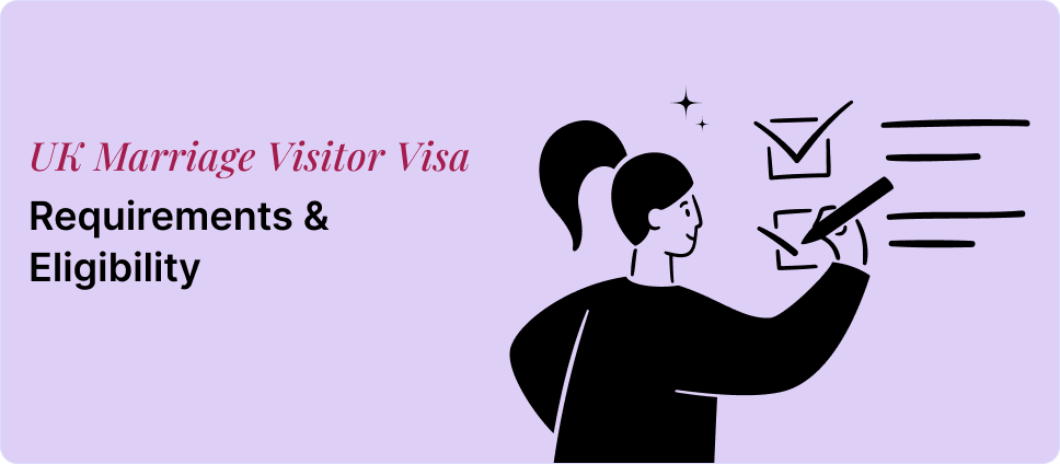 UK Marriage Visitor Visa requirements and eligibility shown with a person checking a list