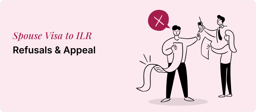 UK Spouse Visa to ILR appeal process illustrated with a red cross and two people