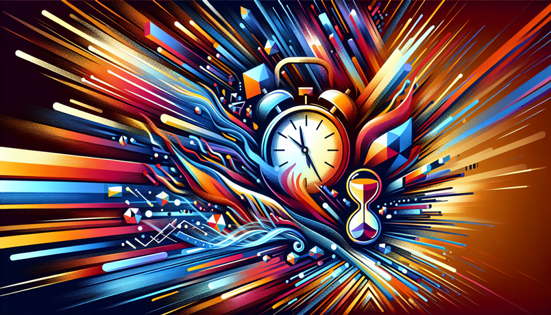 Modern abstract illustration with dynamic lines and vibrant colors, featuring a clock and hourglass, symbolizing exceeding the time limit.