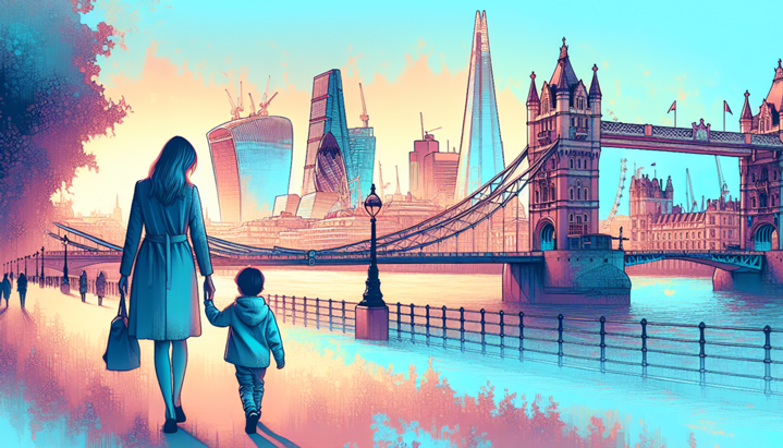 A woman and a child walk hand in hand along the River Thames, with the Tower Bridge and London's modern skyline, including The Shard, in the background at sunset.