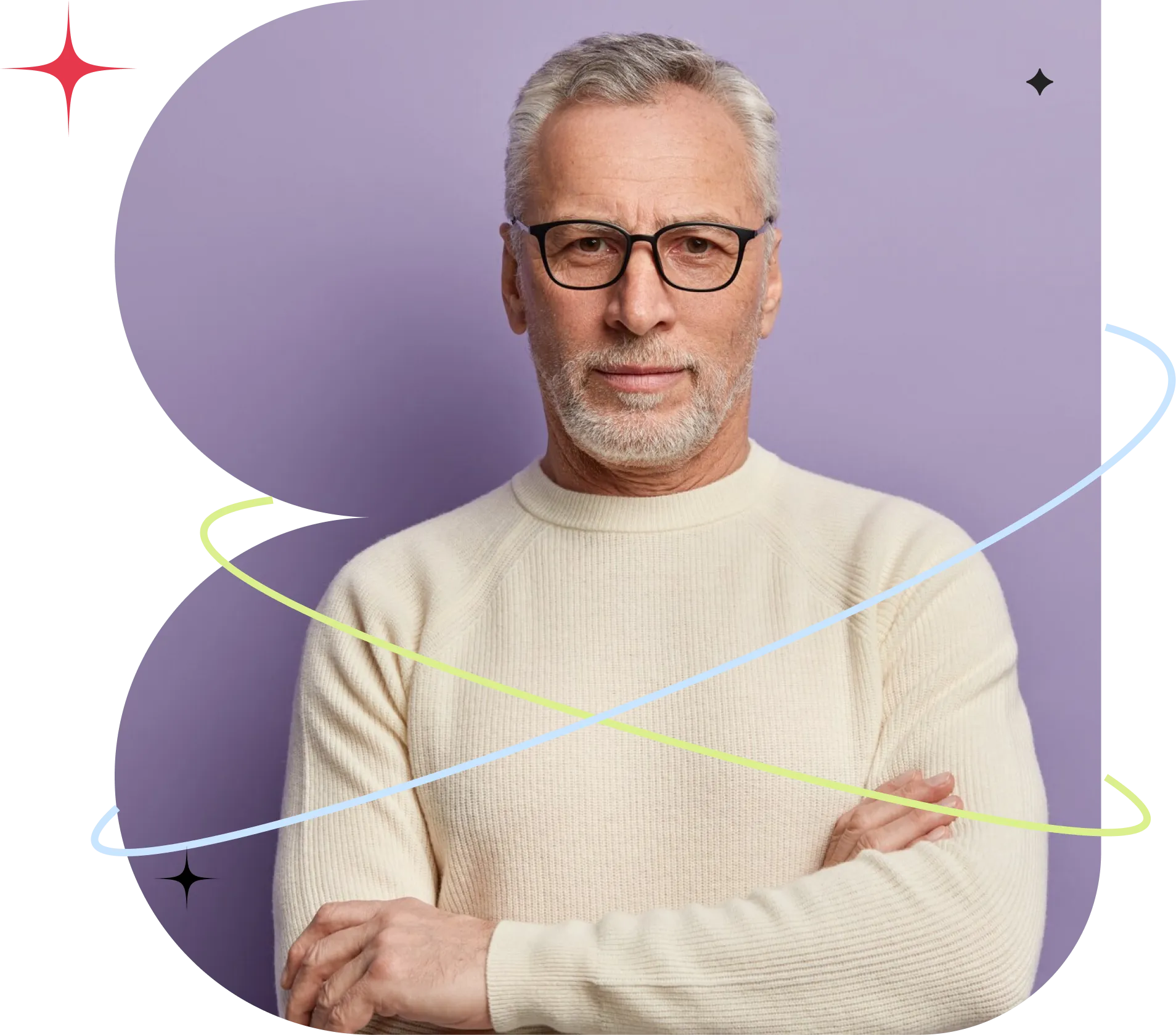 A man wearing glasses and a sweater stands confidently against a vibrant purple background