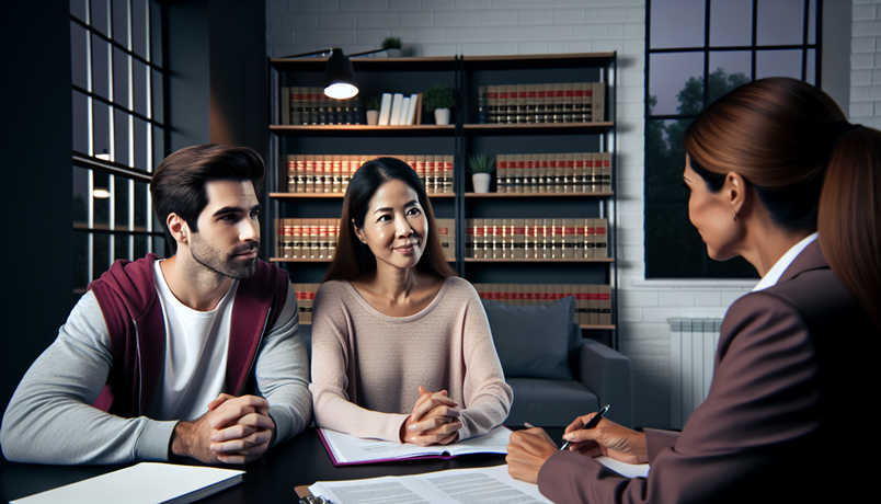 A young couple consults with a professional woman in an office setting with bookshelves filled with legal books in the background, discussing legal immigration matters.