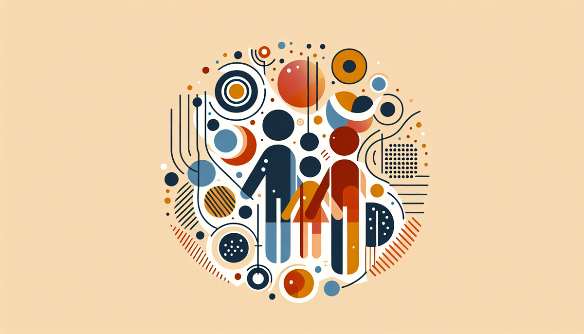 Abstract illustration representing a family, featuring stylized figures and circles in a modern, minimalist design. The image symbolizes unity, diversity, and connection within a community.