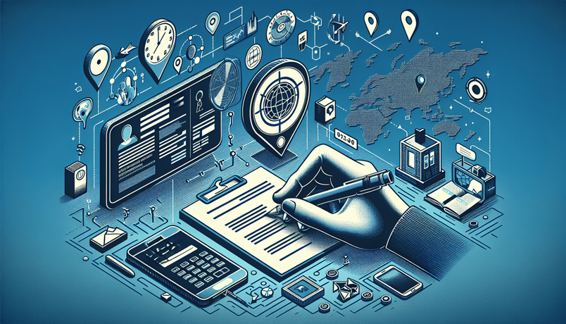 Abstract illustration of a visa application process, featuring a hand filling out a form with a digital interface displaying personal data and world map. Elements include navigation markers, clocks, and various digital symbols, emphasizing global mobility and documentation.