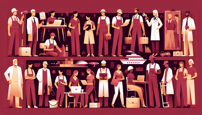 Illustration showcasing a diverse group of professionals and workers in various occupations, including doctors, engineers, office workers, construction workers, and scientists. The scene emphasizes collaboration, diversity, and different industries.