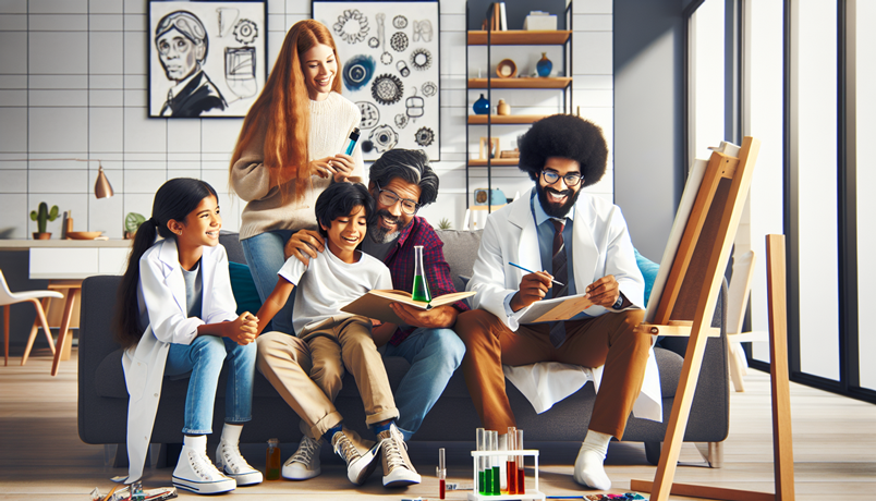 Family and a scientist engaged in a science activity at home, featuring a young girl in a lab coat, a boy, an older man reading a book, and a scientist taking notes, with scientific drawings in the background.