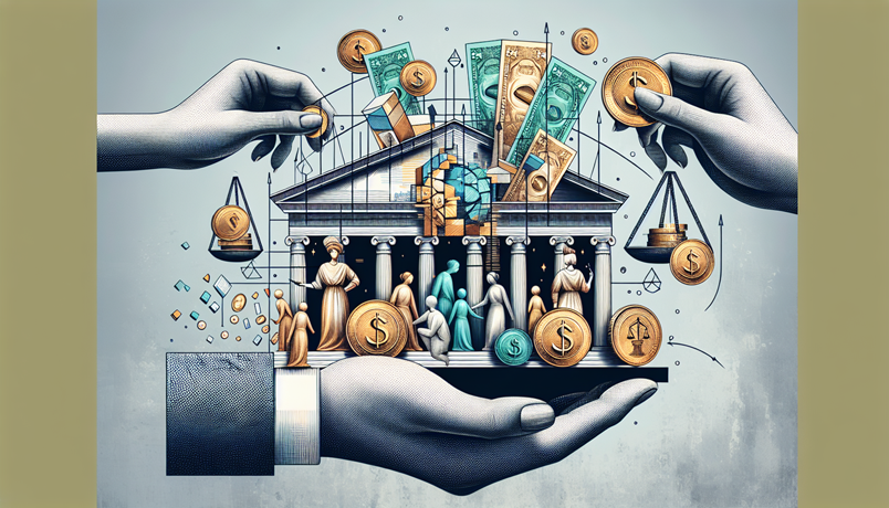 A depiction of a financial institution held by hands, with coins, cash, and scales symbolizing government financial support.