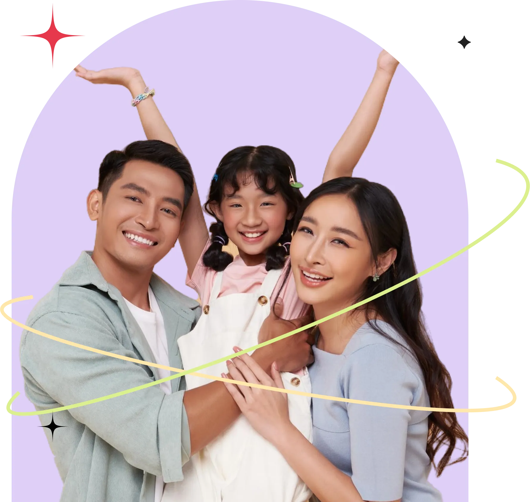 A joyful family of three posing together with a playful pastel background, featuring a smiling mother, father, and daughter.