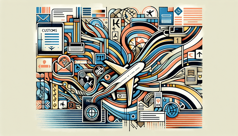 Illustration depicting the process of applying for international travel or immigration, featuring an airplane, documents, and abstract elements symbolizing customs and visa procedures.