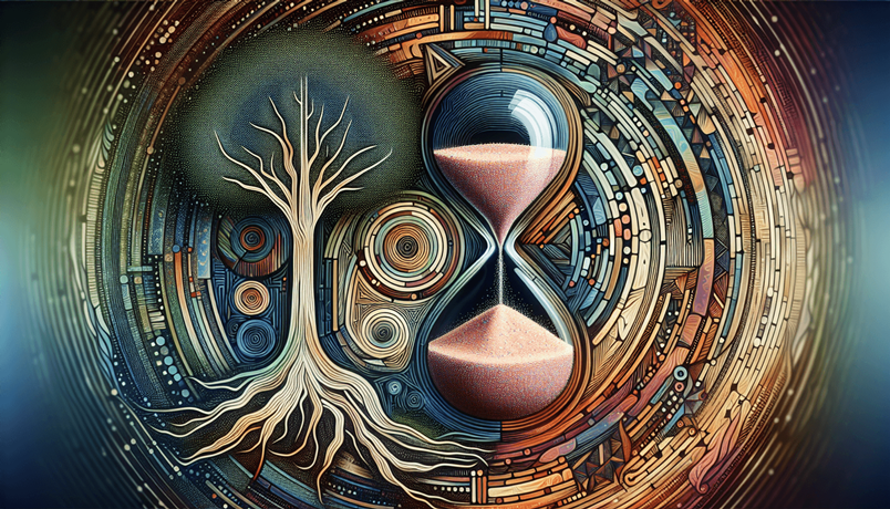 Abstract illustration of time and growth, featuring an hourglass and a tree with intricate roots and branches, symbolizing the passage of time and the cycle of life.