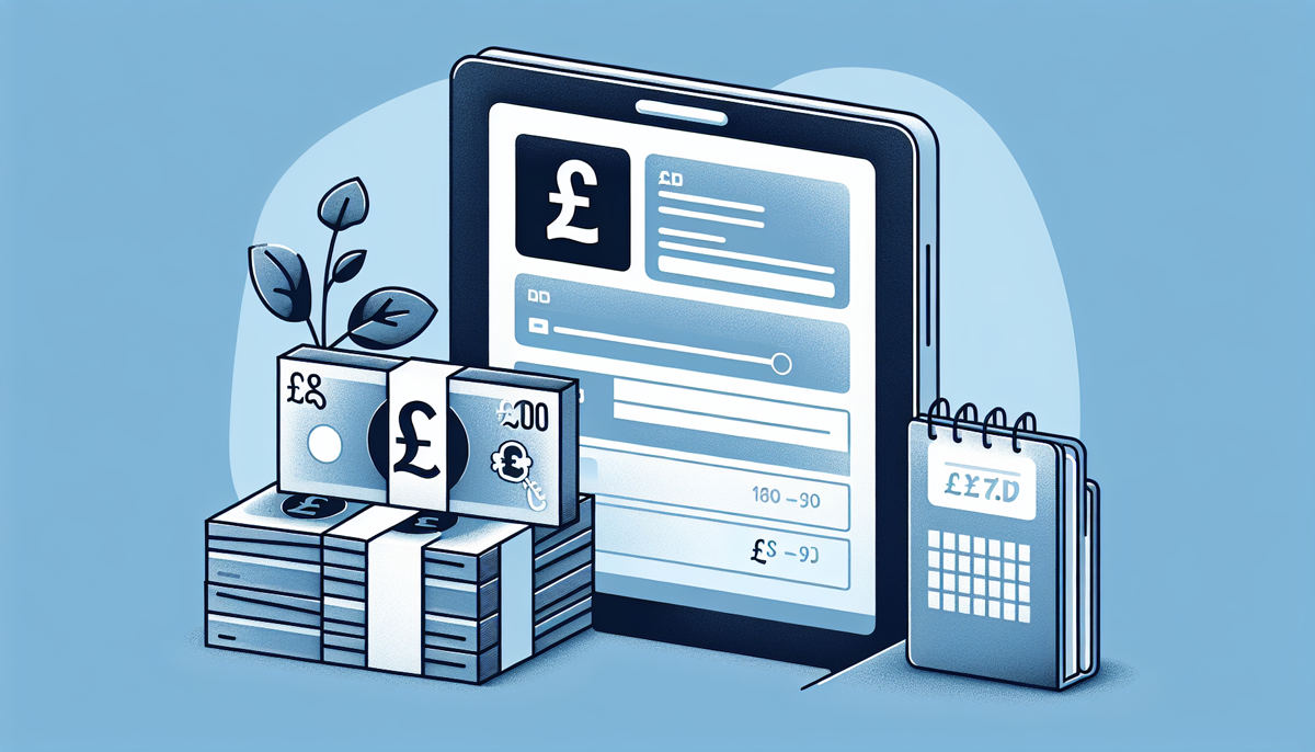 An illustration showing stacks of British pound banknotes, a tablet with financial information displayed, and a calendar, symbolizing financial planning and management.