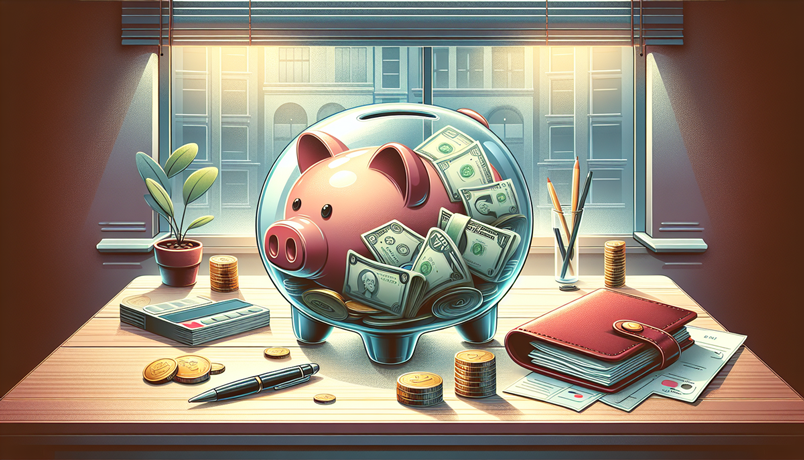 A piggy bank filled with cash, surrounded by coins, a wallet, and a calculator on a desk by a window.