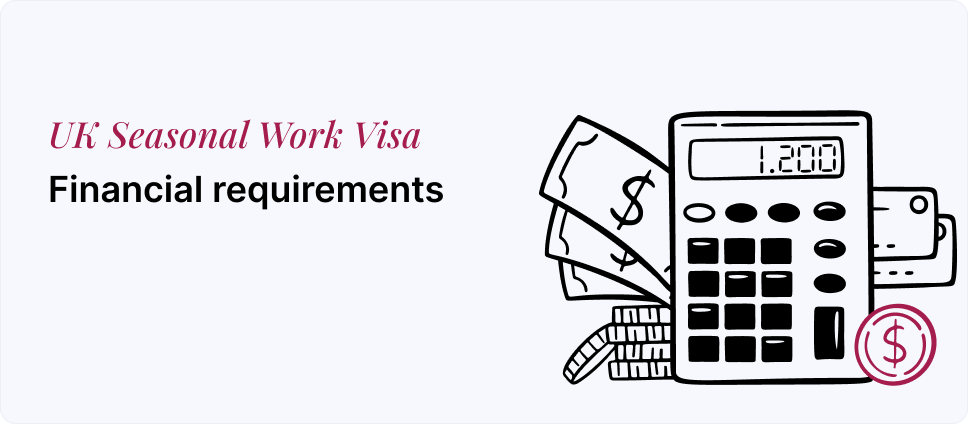 Illustration of a calculator and money representing UK Seasonal Work Visa financial requirements for income and savings