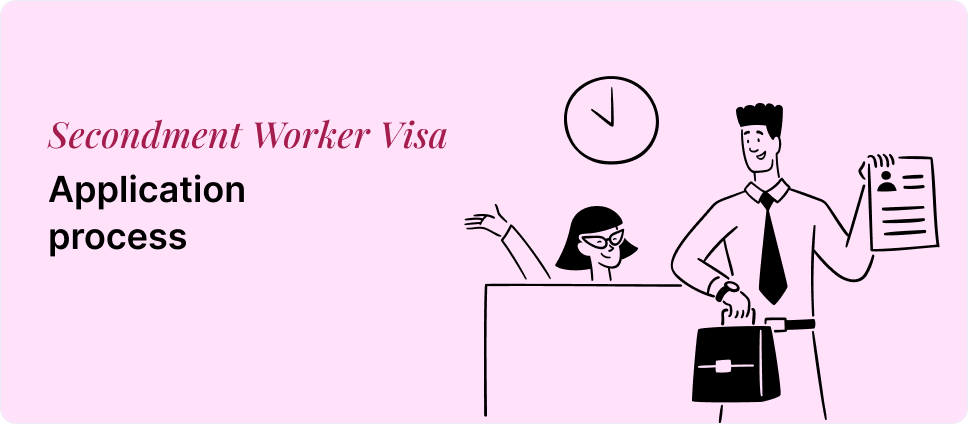 Secondment Worker Visa application steps shown with two people and a document