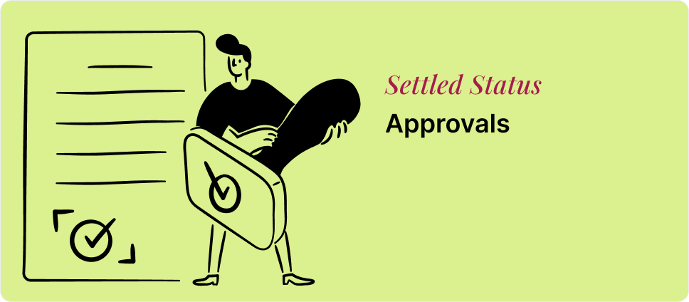 Settled Status approval process depicted with a person and a checkmark shield