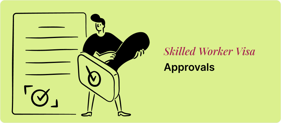 Illustration of a person holding a shield with a checkmark representing the UK Skilled Worker Visa approval process