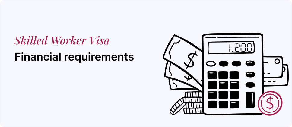 Illustration of a calculator and money representing UK Skilled Worker Visa financial requirements for income and savings