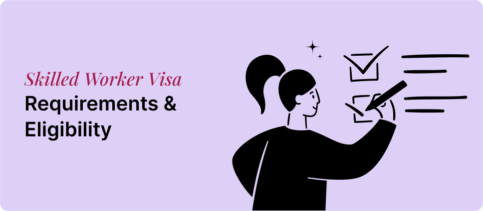 Illustration of a person checking off a list representing UK Skilled Worker Visa requirements and eligibility criteria