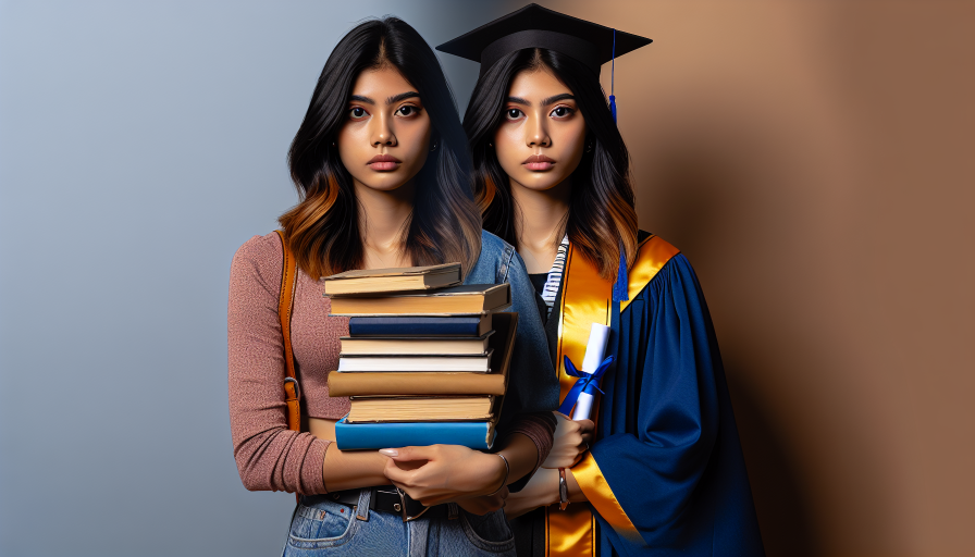 A young woman holding a stack of books, standing next to herself in a graduation gown and cap, symbolizing the transition from student to graduate.