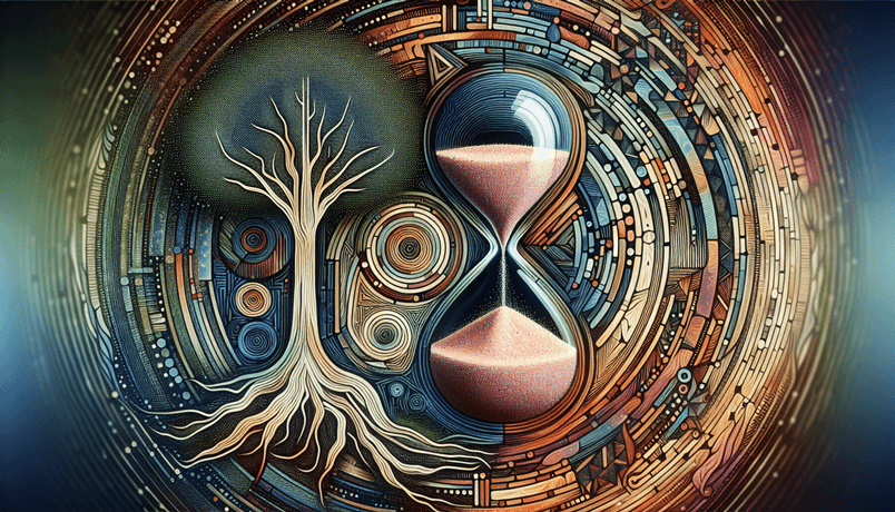 Abstract illustration featuring a tree and an hourglass, symbolizing time, growth, and the cycle of life with intricate geometric patterns in the background