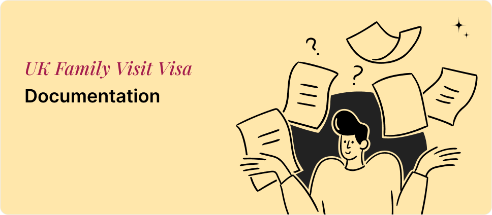 Illustration of a person holding various documents for UK Family Visit Visa documentation requirements