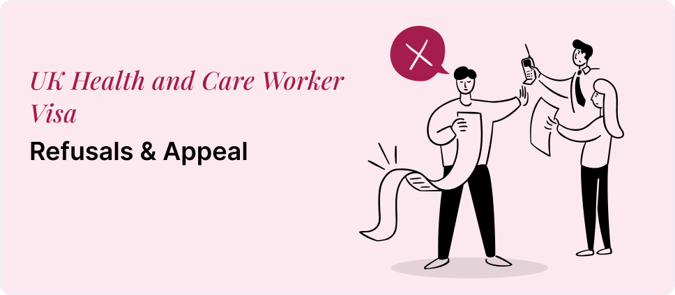 UK Health and Care Worker Visa appeal process illustrated with a red cross and two people