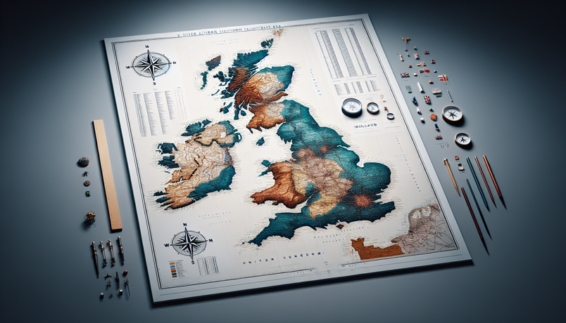 Detailed map of the United Kingdom and Ireland meant to illustrate the Common Travel Area with travel tools and accessories arranged around the map.