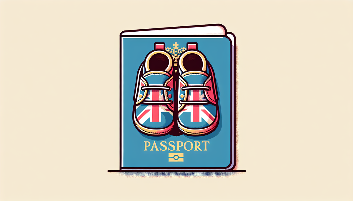 Illustration of a passport with baby shoes featuring the Union Jack design on the cover, symbolises UK citizenship or travel for infants.