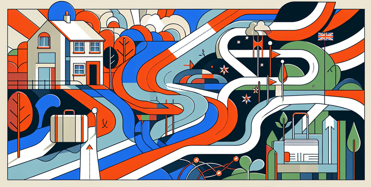 Colorful abstract illustration depicting a journey through the UK. The image features a house, a suitcase, winding paths, trees, and a British flag, all rendered in bold geometric shapes and vibrant colors of red, blue, green, and white.