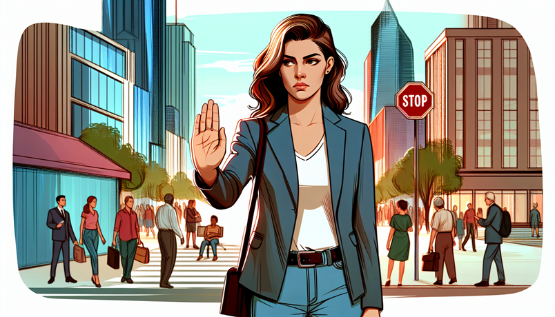 Confident woman in business attire making a stop gesture in a bustling city street