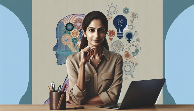 Portrait of a woman sitting at a desk with a laptop, against a backdrop of a human head outline filled with gears and light bulbs, symbolizing creativity, innovation, and intellectual thought processes. The setting conveys a sense of professionalism and forward-thinking.