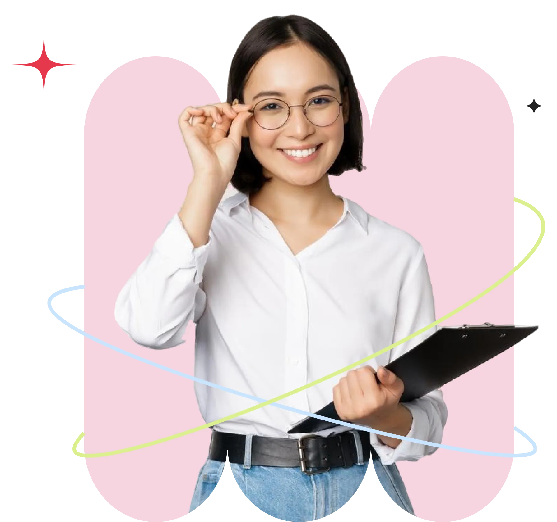 A smiling woman wearing glasses holds a clipboard, exuding confidence and professionalism in her demeanor.